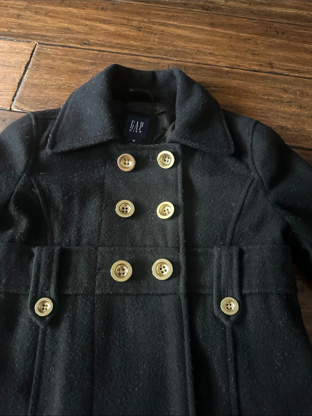 GAP Black Double-Breasted Pea Coat with Gold Buttons